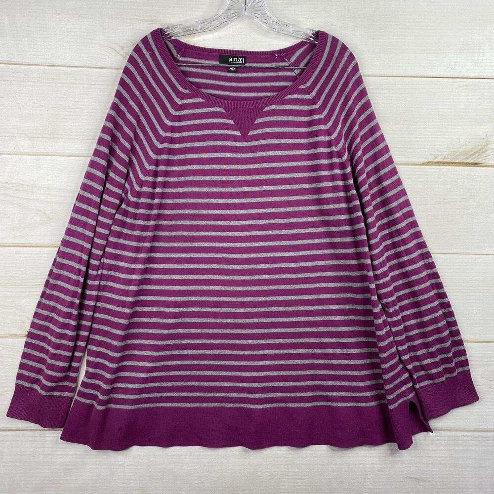 Ana a New Approach Sweater Top Womens 1X Purple Stripe Long Sleeve Pullover